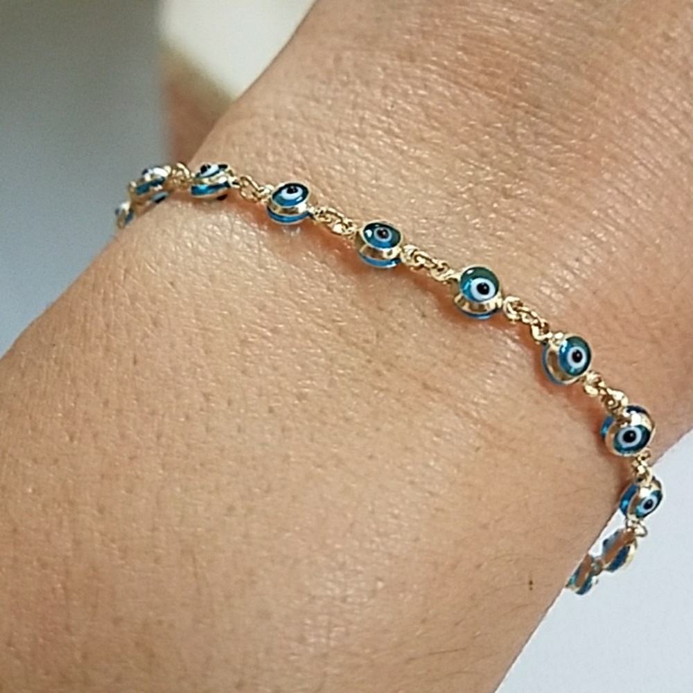 14K Solid Yellow Gold Evil Eye Blue Bracelet 7" in - Picture 4 of 14